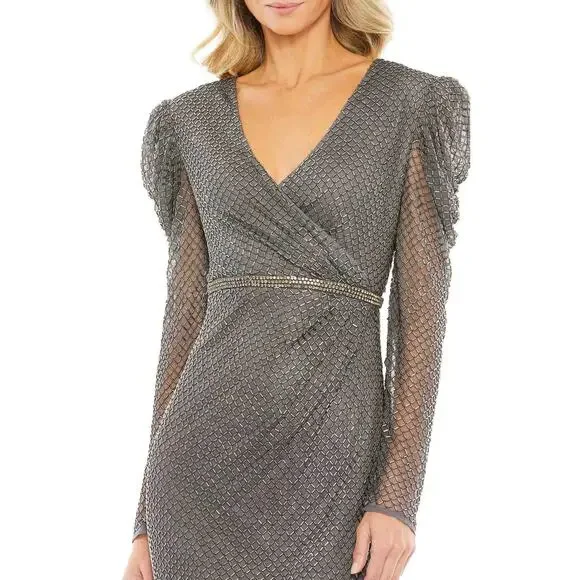 NWT SZ 16 Mac Duggal Beaded Puff Sleeve Sheath Dress 93674